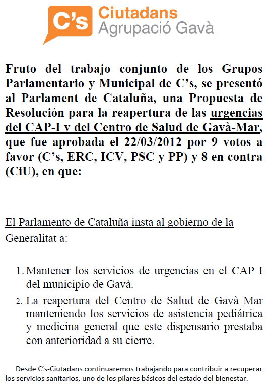 Nota de prensa de C's de Gav� informando de la aprobaci�n en el Parlamento de Catalunya de una resoluci�n para reabrir el dispensario m�dico de Gav� Mar (23 de Marzo de 2012)